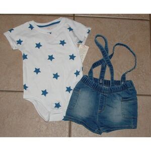 NEW NWT Boys Sz 18 Months Blue Star Bodysuit & Denim Suspender Shorts 2 Pc Set
